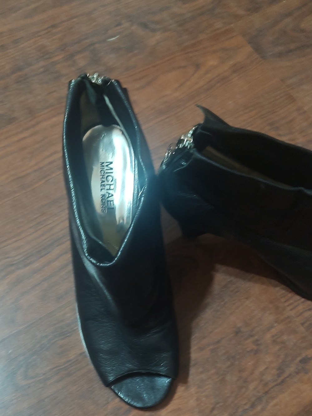 MICHAEL Michael Kors Black Leather Peep-Toe Booties with Gold Accent